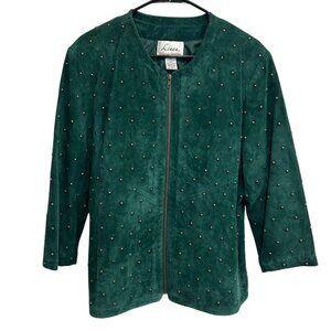Linea By Louis DellOlio Size XL Teal Suede Embellished Jacket Zipper Pockets